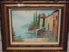 Rossin,(20th century), an oil painting, Continental lake vista, 29 x 39cm, stained wood frame, 50