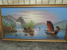 T S Dan, (20th century), an oil painting, Chinese Junk, indistinctly signed, 60 x 120cm, framed,