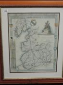(20th century), a re-print, map of Lancashire, 50 x 40cm, mounted framed and glazed, 71 x 61cm
