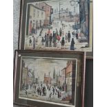 L S Lowry, (1887 -1976), after, two prints, Lancashire Village, 38 x 52cm, 51 x 65cm, and similar,