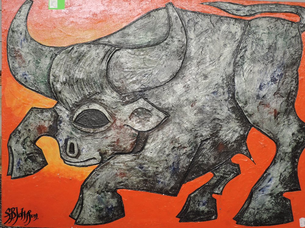 S Blotton, (20th century), a mixed media painting, bull, indistinctly signed, 61 x 81cm