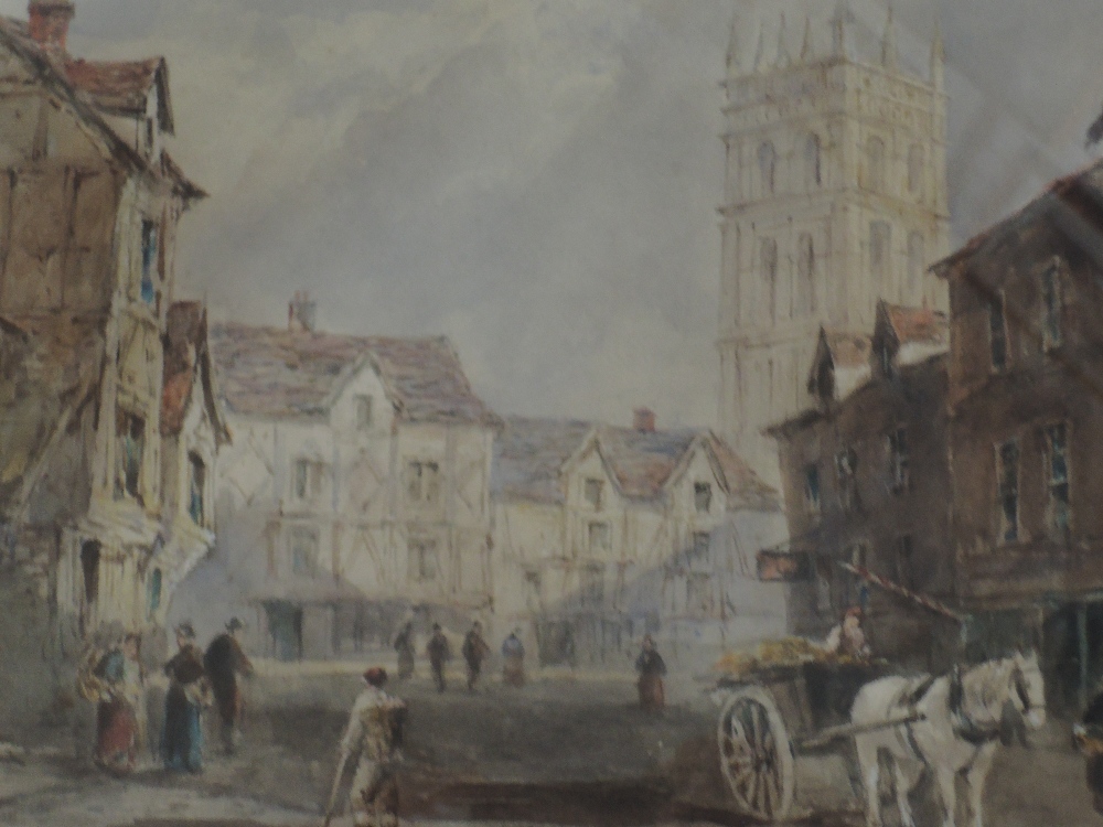 E Tucker, (19th century), period townscape, signed, 24 x 35cm, mounted framed and glazed, 46 x 56cm