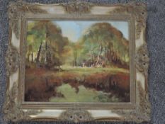 (Contemporary), an oil painting, woodland camp, indistinctly signed, 39 x 49cm, ornate framed, 57