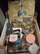 A mixed lot of vintage and antique items to include metallic detailed evening bag, perfume bottle,