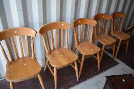 Five (set of three and a pair) beech/rubberwood kitchen chairs