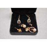 A selection of 9ct gold and yellow metal earrings including cultured and simulated pearl,hoop,