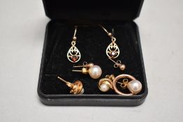 A selection of 9ct gold and yellow metal earrings including cultured and simulated pearl,hoop,