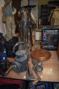 A wrought iron fireside companion set, a candlestick holder and a vintage road lamp etc.