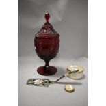 A early 20th century pressed ruby glass lidded vessel, An Abalone inlaid cake slice, Mop pill box