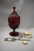 A early 20th century pressed ruby glass lidded vessel, An Abalone inlaid cake slice, Mop pill box