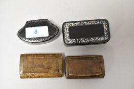 A collection of antique snuff boxes to include Two Georgian Burr wood examples having hinged lids