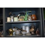 An assortment of vintage kitchenalia, including enamel mugs, iron, mincer and similar.