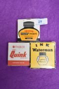 Three boxed bottles of ink, Waterman in black, Parker Super Quink in red and black Rotring Fount