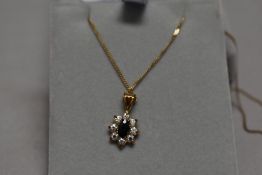 A sapphire and CZ cluster pendant in 9ct gold mount on 9ct gold chain, approx 18" & 2g
