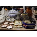 A selection of antique ceramic including four Vienna coasters, two Rouen Faience dishes with a