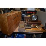 An asssortment of vintage treen including 1930s mantel clock, boxes, cutlery tray and similar.