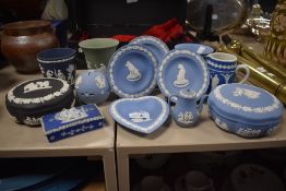 A selection of antique and later Wedgwood Jasperwares including basalt container and deep blue pen