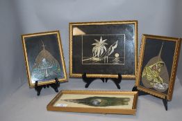 A lot of four framed art works, painting on peacock feather, two painted leaves and similar.