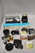 A selection of lenses including Microscope , brass, Schneider Optic Super Angulon 8/90, Rangefinder,