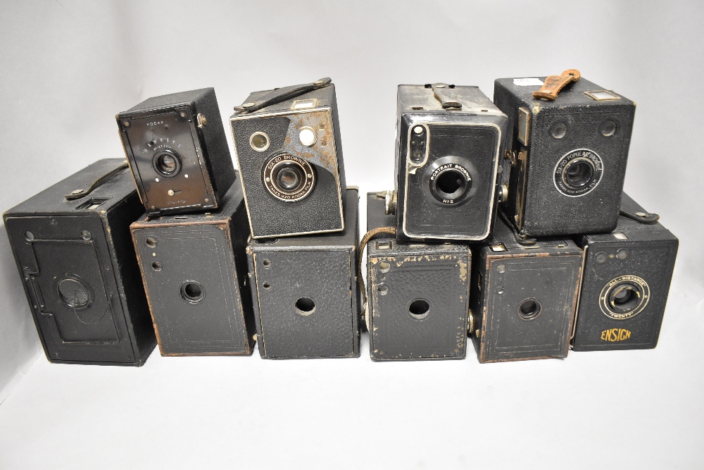 Ten box cameras a No2 Buster Brown, a Kodak Six-20 brownie and a Hawkeye...