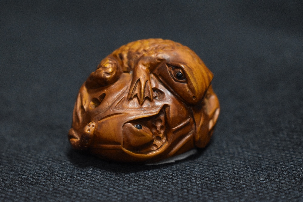 An early 20th century Japanese Netsuke carved wood sculpture of a frog with lily leaf wrapped around