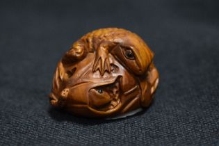 An early 20th century Japanese Netsuke carved wood sculpture of a frog with lily leaf wrapped around