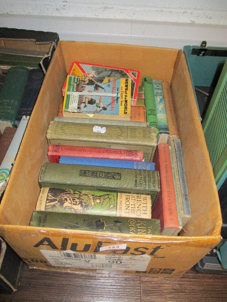 A box of vintage library books including Kings Cockade, Daniel Defoe and Mollie Chappell