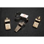 Four Acme whistles including Thunderer and one marked B.R(M) British Rail Midland