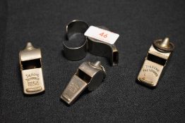 Four Acme whistles including Thunderer and one marked B.R(M) British Rail Midland