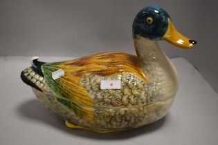 A 20th century Portuguese Majolica style Mallard duck tureen