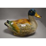 A 20th century Portuguese Majolica style Mallard duck tureen