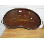 An early 20th century large kidney shaped tray having inlaid design and edging and brass handles.
