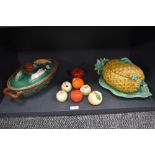 A selection of 20th century Majolica styled tureens including Tellurite casserole and Pineapple form