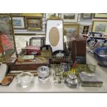 A good collection of 20th century desk top items including glass ink wells, pen knives, gallery