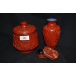 Three pieces of 20th century Chinese Cinnabar lacquer including lidded pot with blue cloisonne