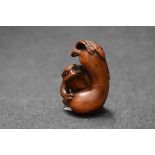An early 20th century Japanese carved wood Netsuke of a mythical Frog / Monkey creature with an