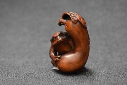 An early 20th century Japanese carved wood Netsuke of a mythical Frog / Monkey creature with an