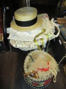 A selection of fabrics and textiles including The York straw hat and Embroidered basket