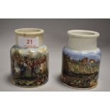 Two Victorian Pratt Ware paste pots or jars one decorated with battle scene of Sebastopol and
