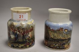 Two Victorian Pratt Ware paste pots or jars one decorated with battle scene of Sebastopol and