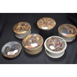 Six late 19th century Pratt ware paste pot lids including The wolf and the lamb, A pair, War and