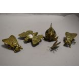 Three antique ash trays in the form of flies or insects with a Chinese style brass carp