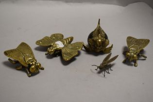 Three antique ash trays in the form of flies or insects with a Chinese style brass carp