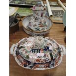 A Victorian Masons tureen and cover AF with a similar era water jug and wash bowl