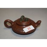 A fine early 20th century Chinese Zisha Yixing teapot or sake vessel with double carp handle and