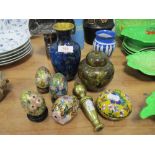 A selection of modern cloisonne including blue ground vase, burgundy ginger jar and eggs