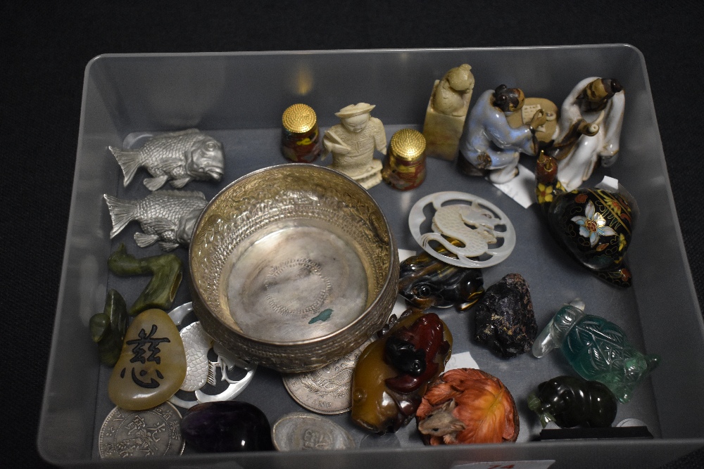 A selection of Japanese and Oriental trinkets and curios including cloisonne enamel, carved stone