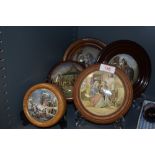 A selection of five Pratt ware paste pot lids including Dangerous, Persuasion and The Trooper