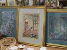 Two felt pictures of garden scenes and an oriental style embroidery, all framed and glazed.