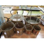 A set of early 20th century copper corn measures with similar copper items including kettle and